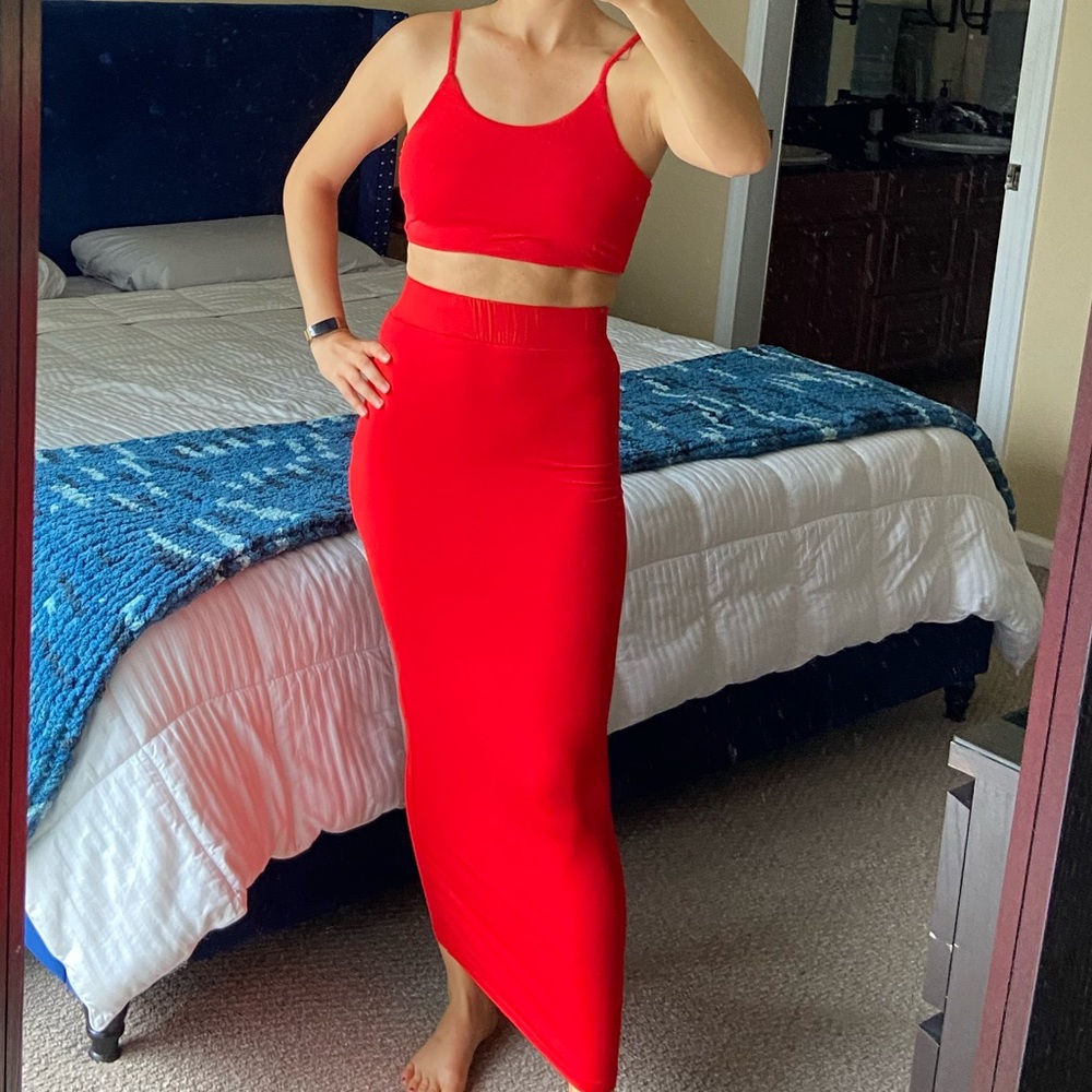 Bright red SheIn two piece skirt and crop top set